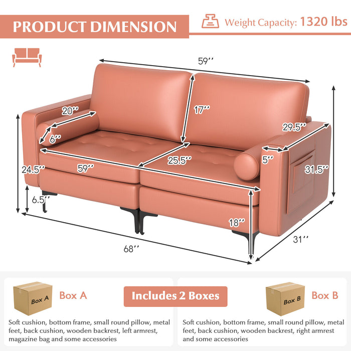 Modern Loveseat Sofa with 2 Bolsters and Side Storage Pocket-Pink