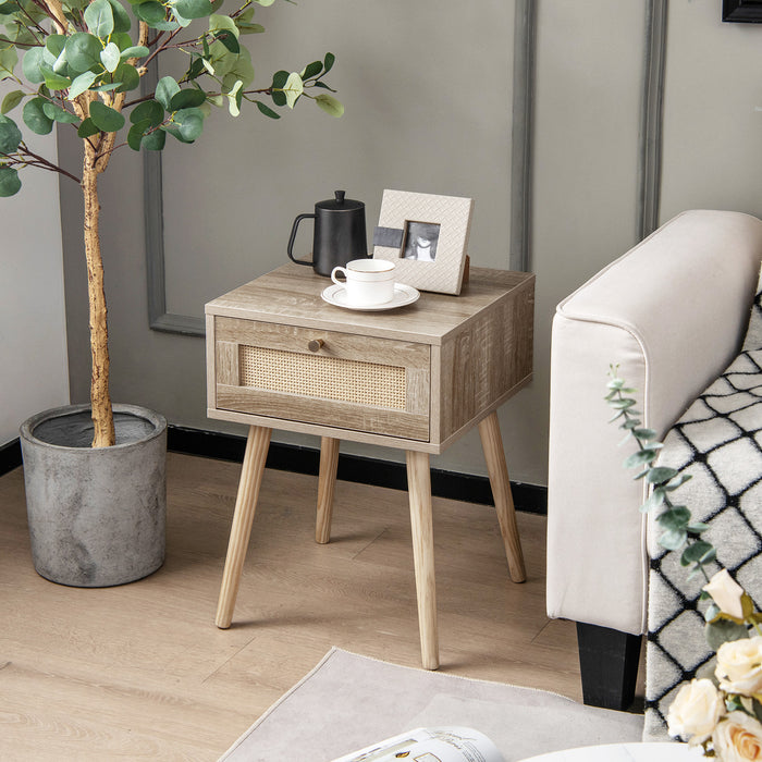 Modern Rattan Nightstand with Drawer and Solid Wood Legs for Bedroom and Living Room-Natural