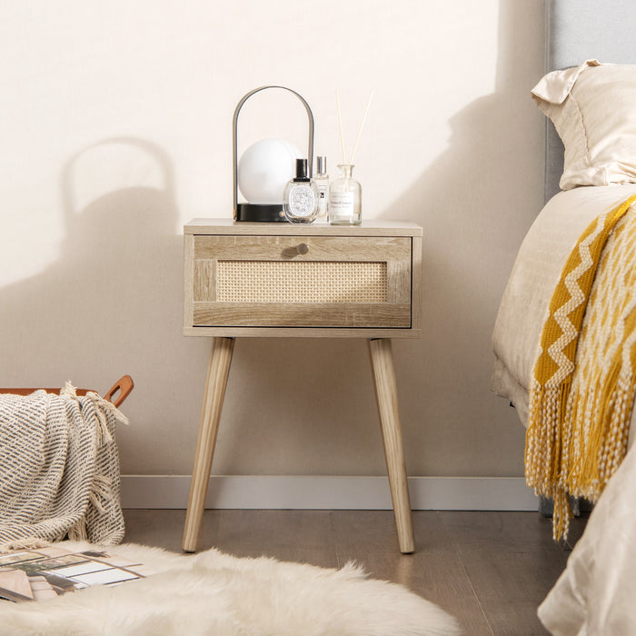 Modern Rattan Nightstand with Drawer and Solid Wood Legs for Bedroom and Living Room-Natural