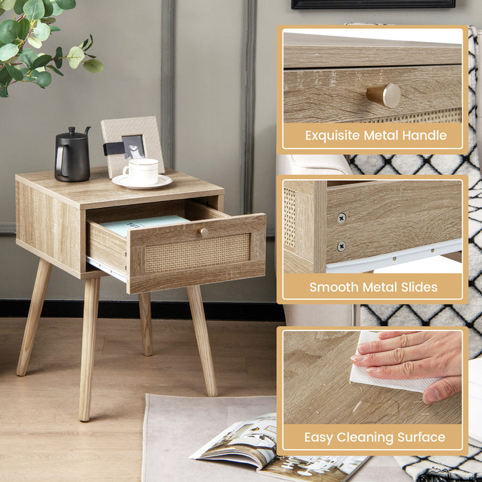 Modern Rattan Nightstand with Drawer and Solid Wood Legs for Bedroom and Living Room-Natural