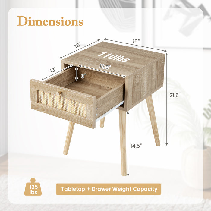 Modern Rattan Nightstand with Drawer and Solid Wood Legs for Bedroom and Living Room-Natural