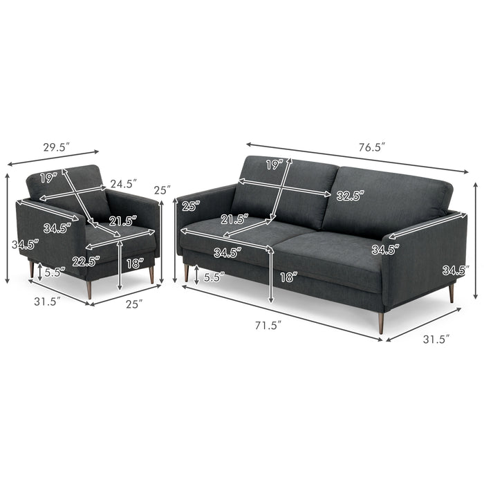 Modern Sofa Couch with Solid Metal Legs and Removable Backrest Cushion-Gray-Sofa Set