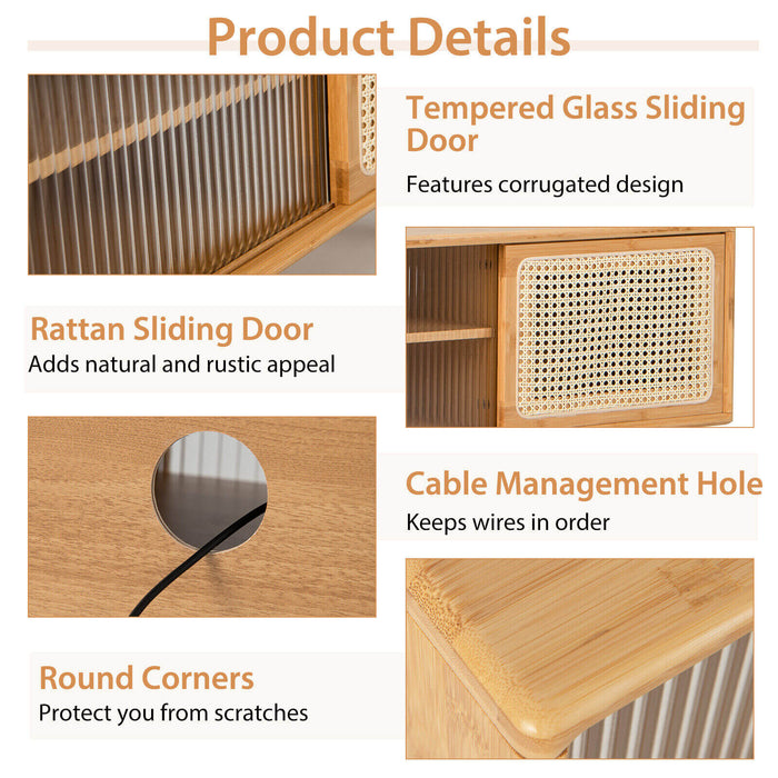 Modern TV Stand with Rattan Glass Sliding Doors-Natural