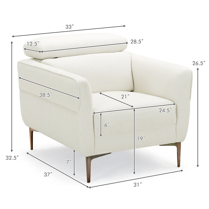 Modern Upholstered Single Sofa with Adjustable Headrest and Stable Metal Legs-White