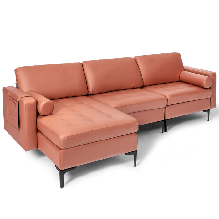 Modular L-shaped Sectional Sofa with Reversible Chaise and 2 USB Ports-Pink