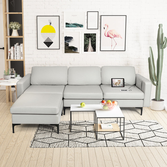 Modular L-shaped Sectional Sofa with Reversible Chaise and 2 USB Ports-Light Gray