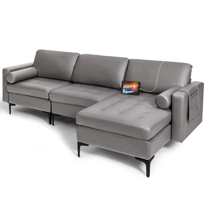 Modular L-shaped 3-Seat Sectional Sofa with Reversible Chaise and 2 USB Ports-Light Gray