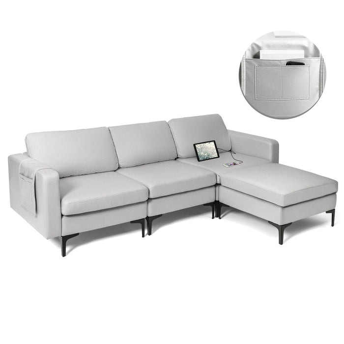 Modular L-shaped Sectional Sofa with Reversible Chaise and 2 USB Ports-Light Gray