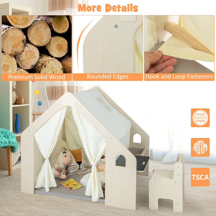 Montessori Style Indoor Playhouse with Storage Bin and Floor Mat for Toddlers Aged 2-6 Years Old-Beige