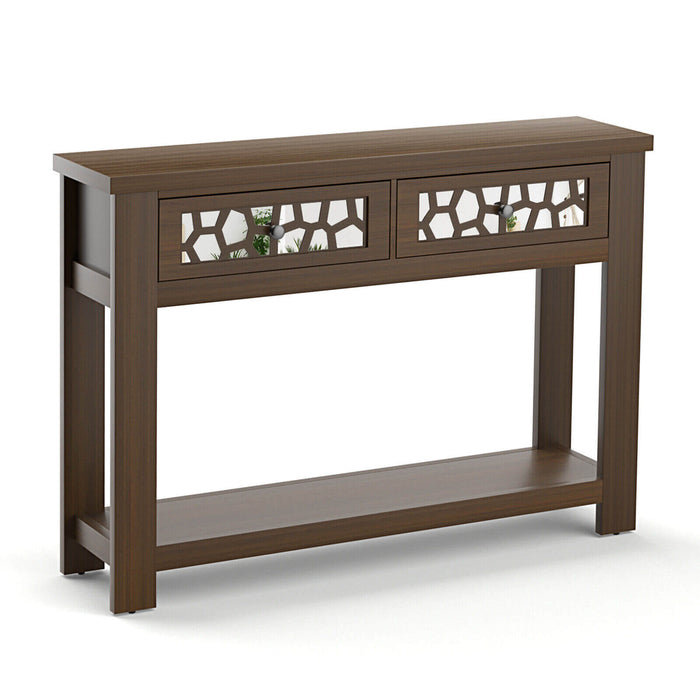 2-Tier Console Table with Drawers and Open Storage Shelf-Brown