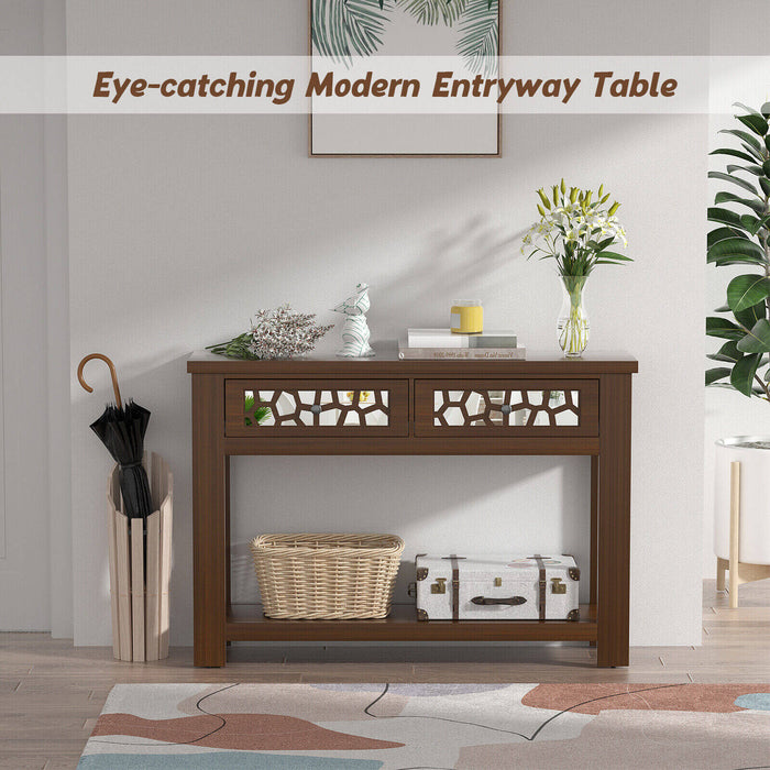 2-Tier Console Table with Drawers and Open Storage Shelf-Brown