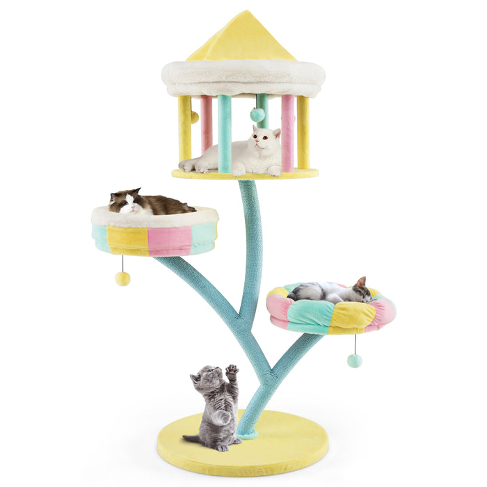 Multi-Layer Cat Tree with 2 Removable Perches Scratching Posts-Color