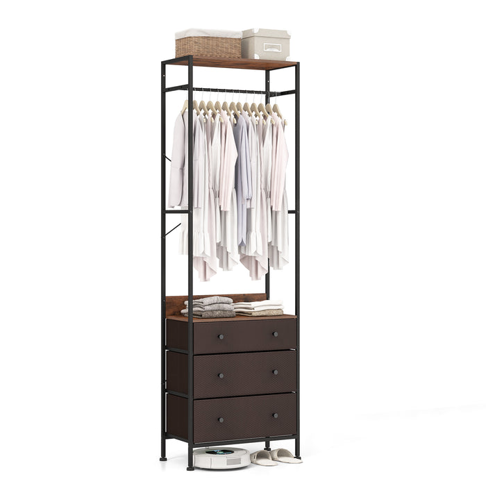 Freestanding Closet Organizer with 3-position Hanging Rod and Storage Shelves-Brown