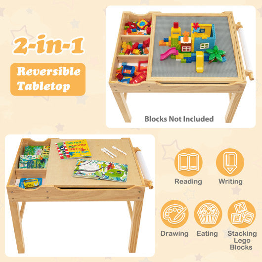 Kids Multi Activity Play Table Wooden Building Block Desk with Storage Paper Roll-Natural