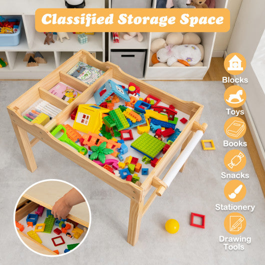 Kids Multi Activity Play Table Wooden Building Block Desk with Storage Paper Roll-Natural