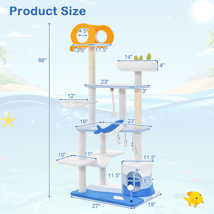 Multi-level Ocean-themed Cat Tree Tower with Sisal Covered Scratching Posts-Blue