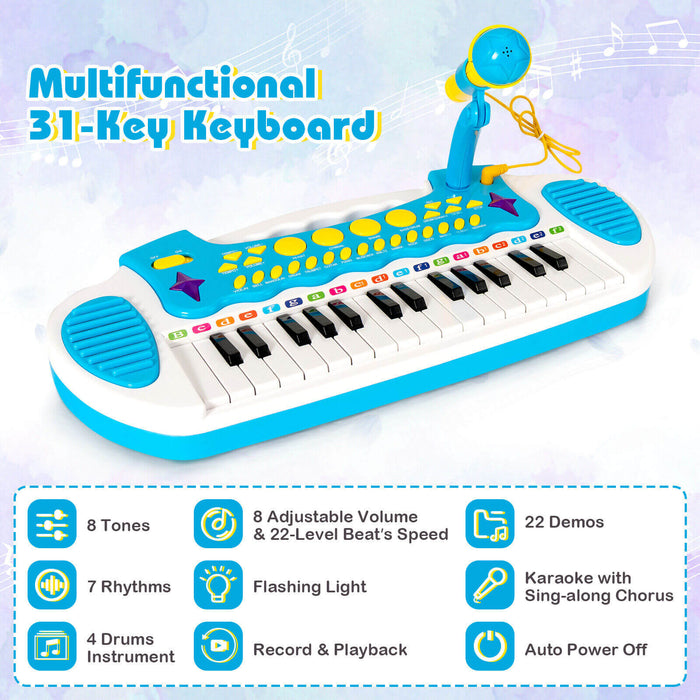 31-Key Kids Piano Keyboard Toy with Microphone and Multiple Sounds for Age 3+-Blue