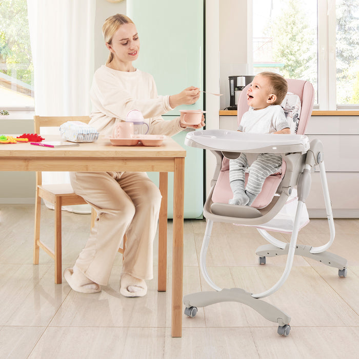 Multifunctional Folding Baby High Chair with Rolling Wheels and Adjustable Height-Pink