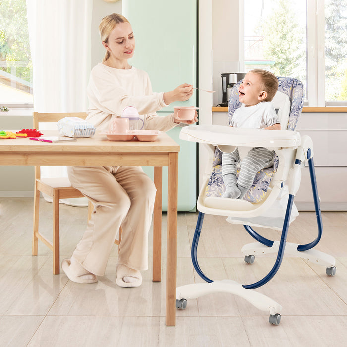 Multifunctional Folding Baby High Chair with Rolling Wheels and Adjustable Height-Navy