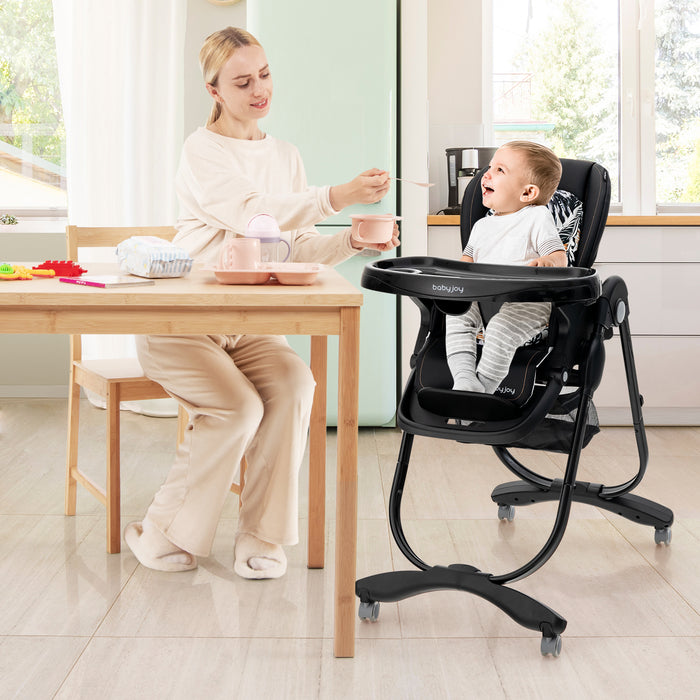 Multifunctional Folding Baby High Chair with Rolling Wheels and Adjustable Height-Black