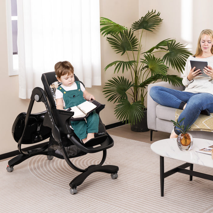 Multifunctional Folding Baby High Chair with Rolling Wheels and Adjustable Height-Black