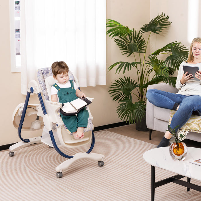 Multifunctional Folding Baby High Chair with Rolling Wheels and Adjustable Height-Navy