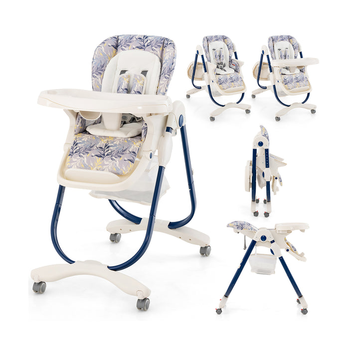 Multifunctional Folding Baby High Chair with Rolling Wheels and Adjustable Height-Navy