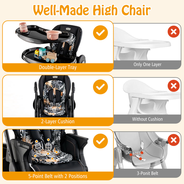 Multifunctional Folding Baby High Chair with Rolling Wheels and Adjustable Height-Black