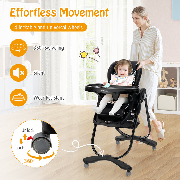 Multifunctional Folding Baby High Chair with Rolling Wheels and Adjustable Height-Black