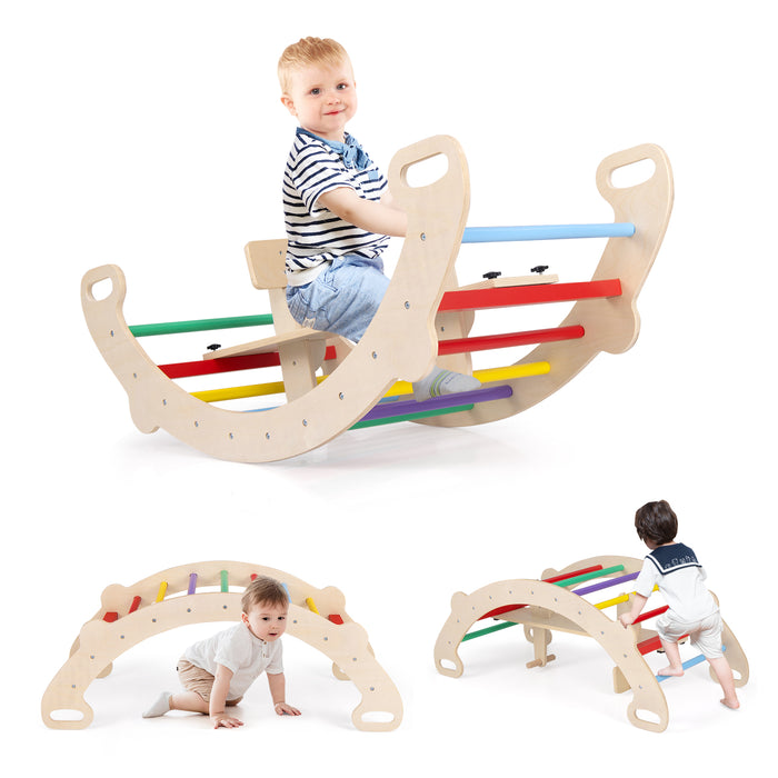 4-in-1 Multifunctional Wooden Climbing Toys with Rocker and Crawling Tunnel-Multicolor