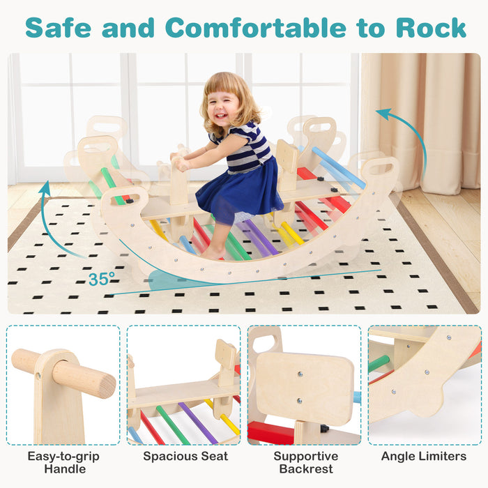 4-in-1 Multifunctional Wooden Climbing Toys with Rocker and Crawling Tunnel-Multicolor