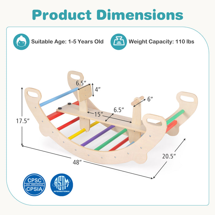 4-in-1 Multifunctional Wooden Climbing Toys with Rocker and Crawling Tunnel-Multicolor