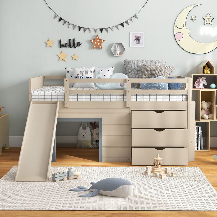 3-In-1 Twin Loft Bed with Slide Ladder Drawers for Kids Teens-Beige