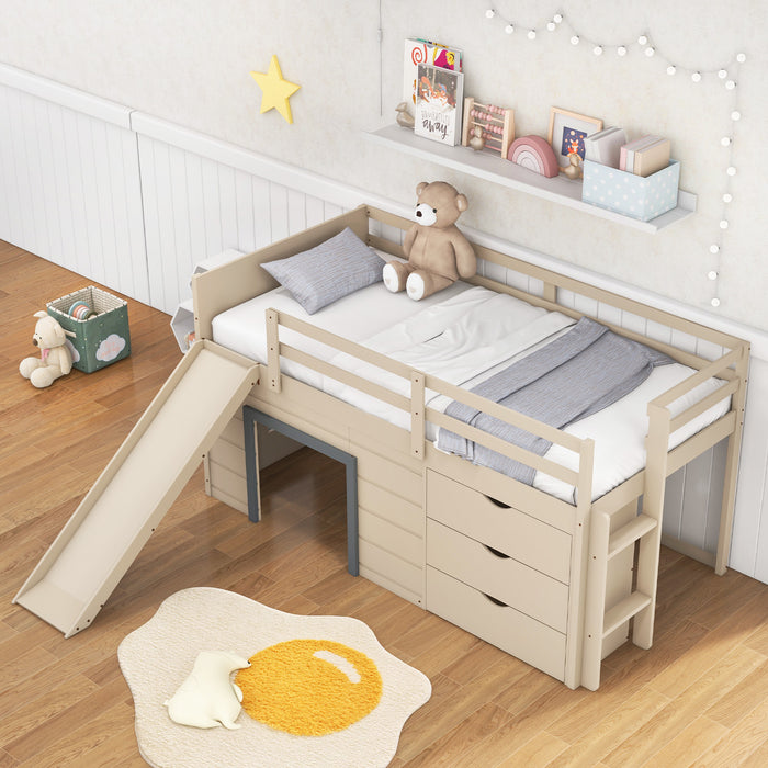 3-In-1 Twin Loft Bed with Slide Ladder Drawers for Kids Teens-Beige