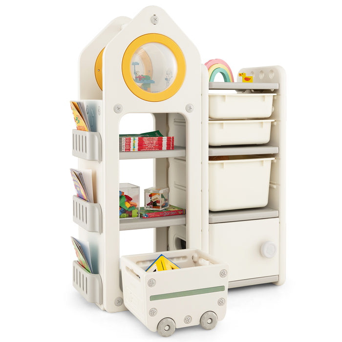 Multipurpose Toy Chest and Bookshelf with Mobile Trolley for Bedroom-Gray