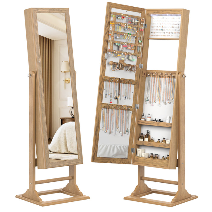 Freestanding Lockable Jewelry Armoire with Full-Length Mirror and 6 LED Lights-Natural