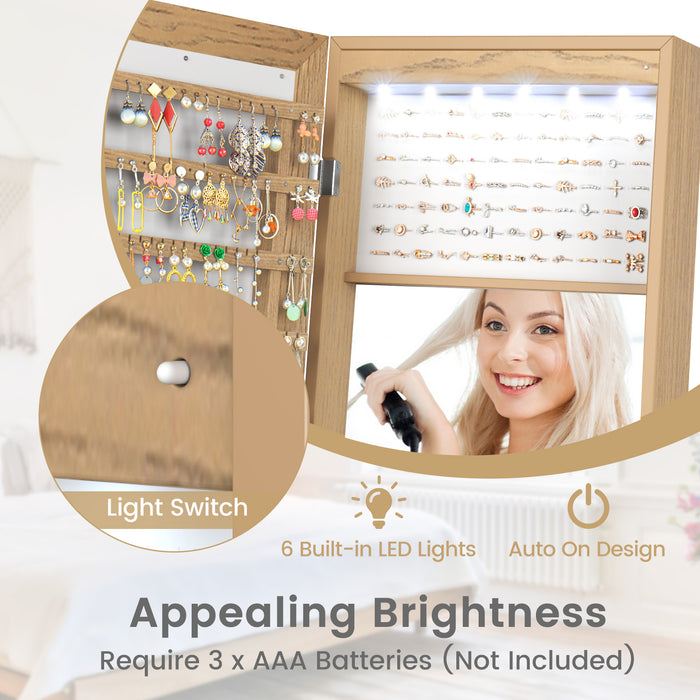 Freestanding Lockable Jewelry Armoire with Full-Length Mirror and 6 LED Lights-Natural