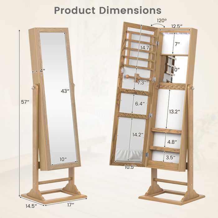 Freestanding Lockable Jewelry Armoire with Full-Length Mirror and 6 LED Lights-Natural