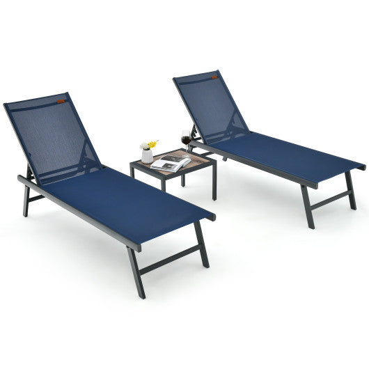 3 Pieces Patio Chaise Lounge Chair and Table Set for Poolside Yard-Navy