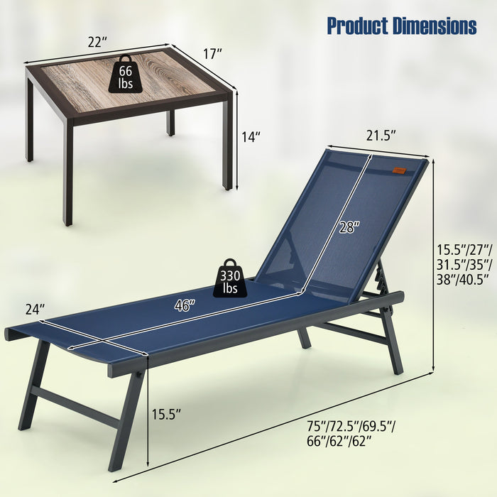 3 Pieces Patio Chaise Lounge Chair and Table Set for Poolside Yard-Navy