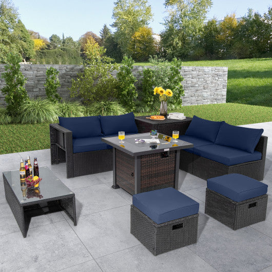 9 Pieces Patio Furniture Set with 32â€ Fire Pit Table and 50000 BTU Square Propane Fire Pit-Navy