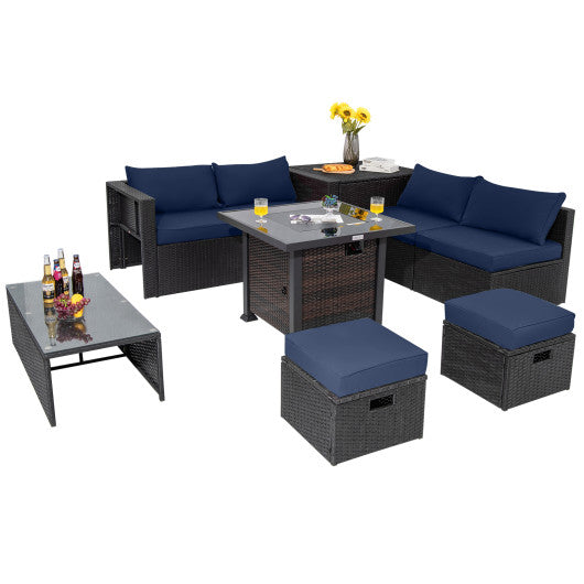 9 Pieces Patio Furniture Set with 32â€ Fire Pit Table and 50000 BTU Square Propane Fire Pit-Navy