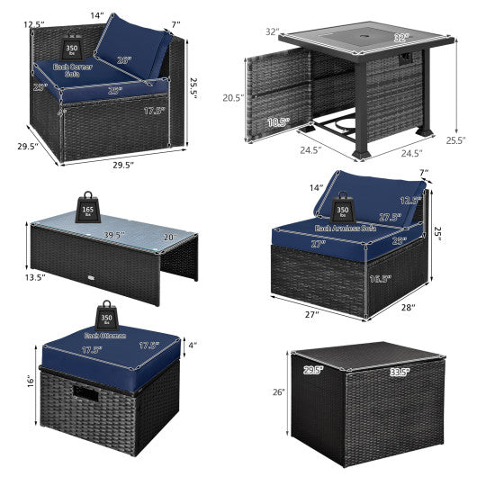 9 Pieces Patio Furniture Set with 32â€ Fire Pit Table and 50000 BTU Square Propane Fire Pit-Navy