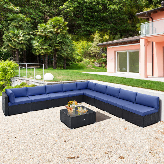 10 Piece Outdoor Wicker Conversation Set with Seat and Back Cushions-Navy