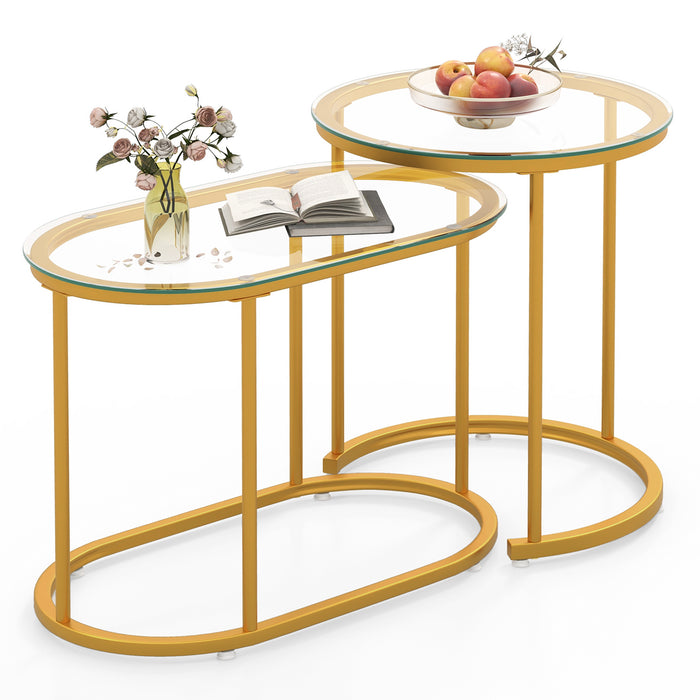 Nesting Coffee Table Set of 2 with Tempered Glass Tabletop-Golden