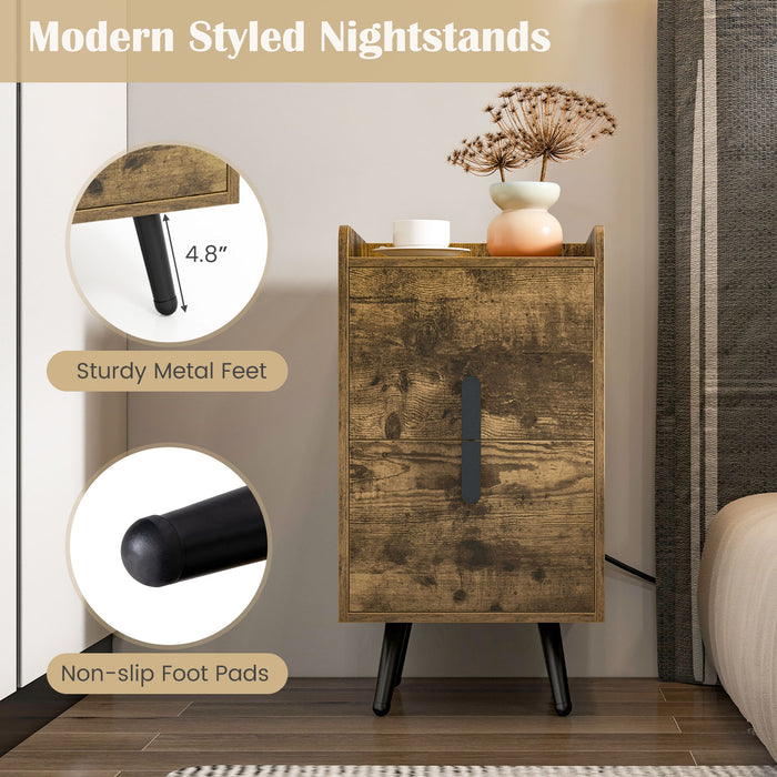 Nightstand Side Tables with 2 Drawers and 2 USB Ports-Rustic Brown