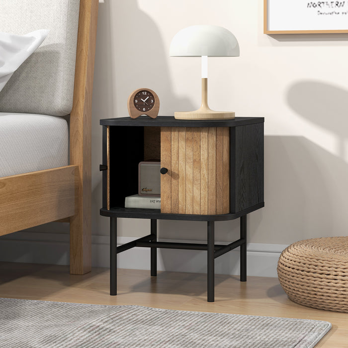 Mid-century Modern Nightstand with Sliding Doors and Storage Cabinet-Black