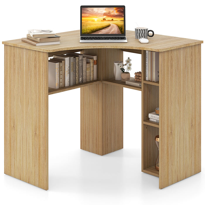 Corner Computer Desk Triangle Home Office Desk with Adjustable Shelf and Arc-Shaped Profile-Natural