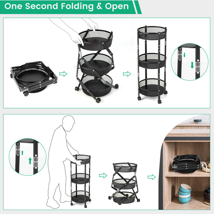 3-Tier Rotating 1-Second folding Storage Rack Metal-Round