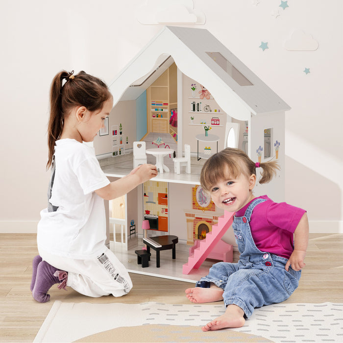 Semi-Opened DIY Dollhouse with Simulated Rooms and Furniture Set-White